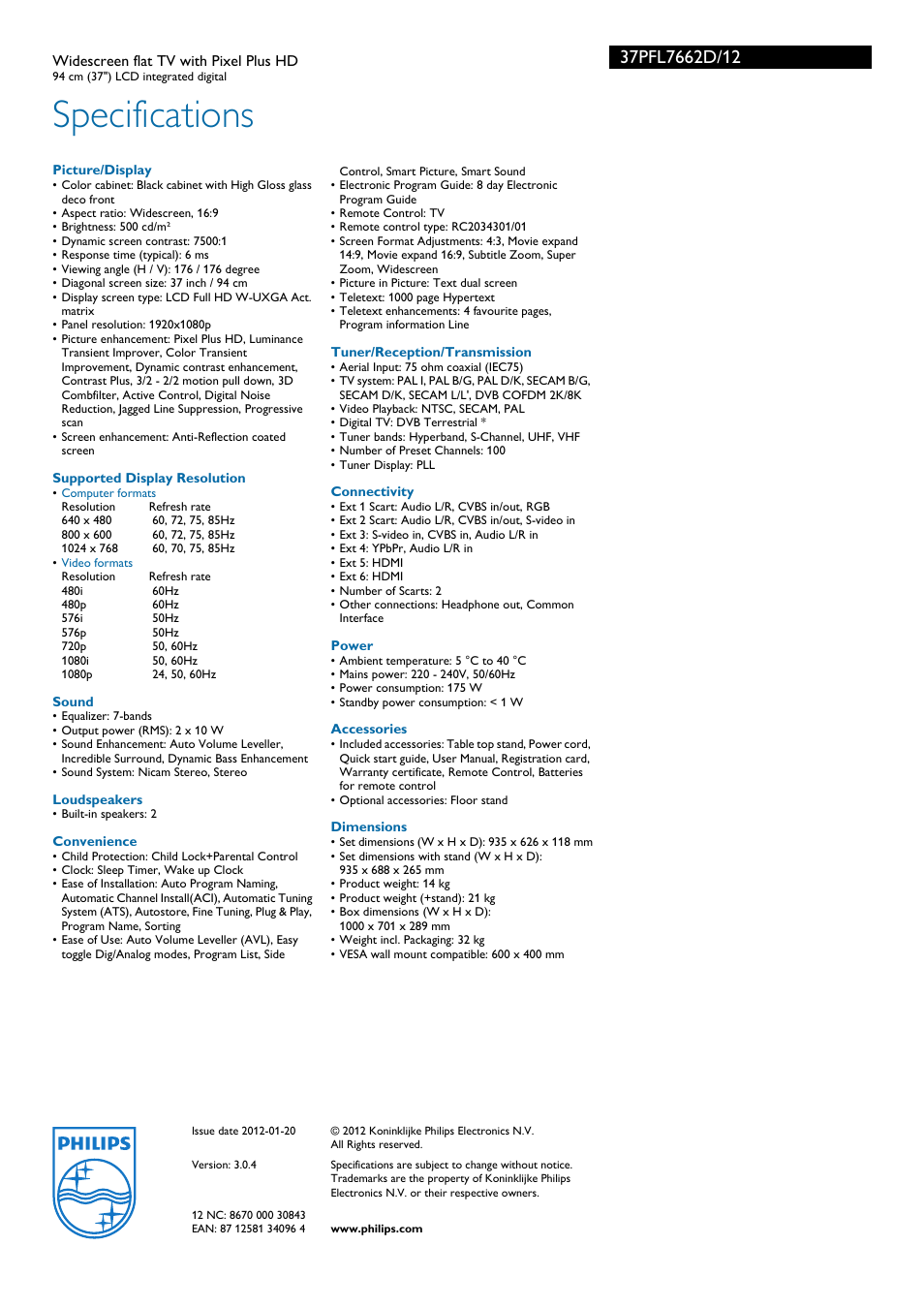 Specifications | Philips widescreen flat TV 37PFL7662D User Manual | Page 3 / 3