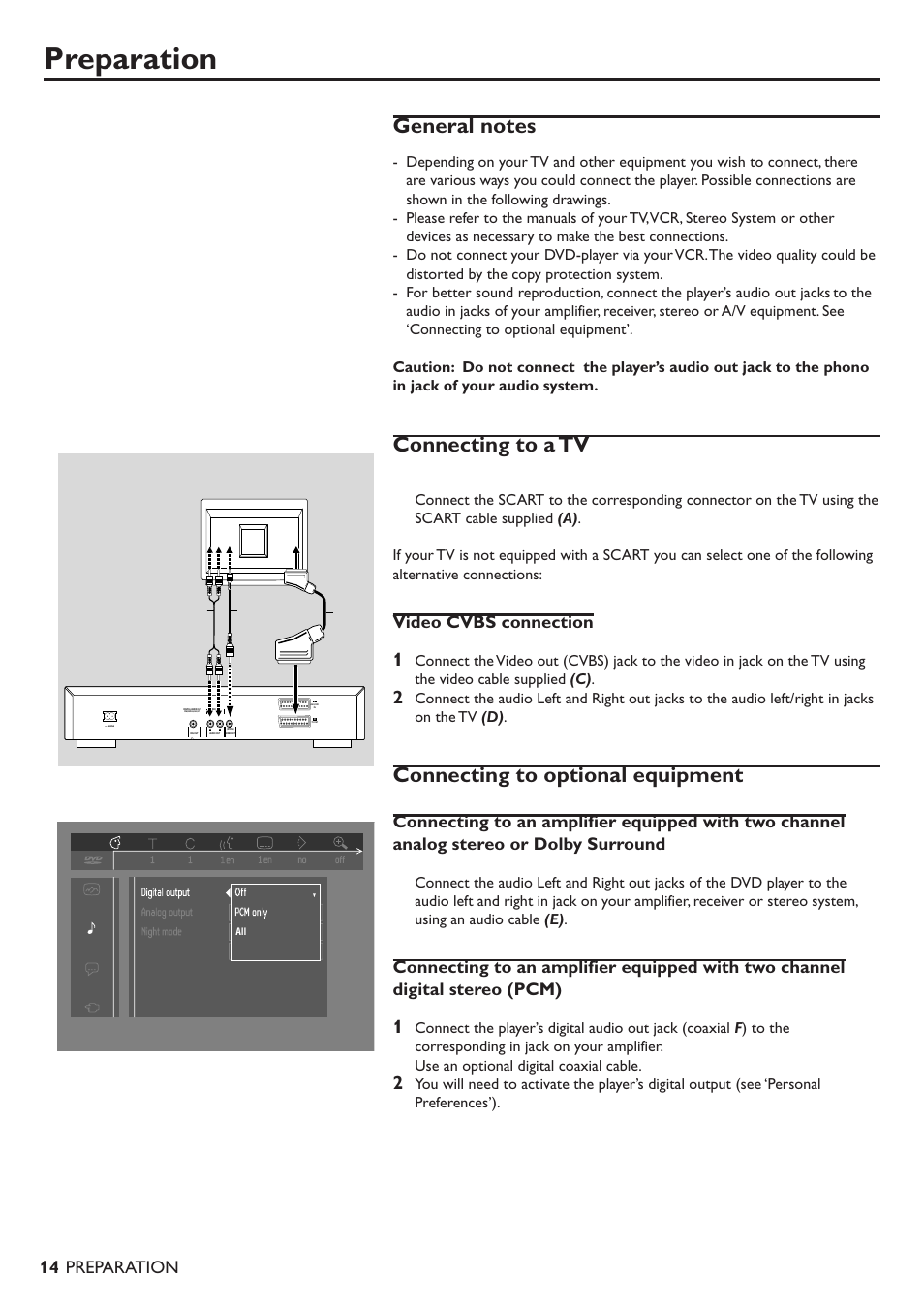 Preparation, Connecting to a tv, Connecting to optional equipment | Video cvbs connection | Philips DVD701/931 User Manual | Page 10 / 30