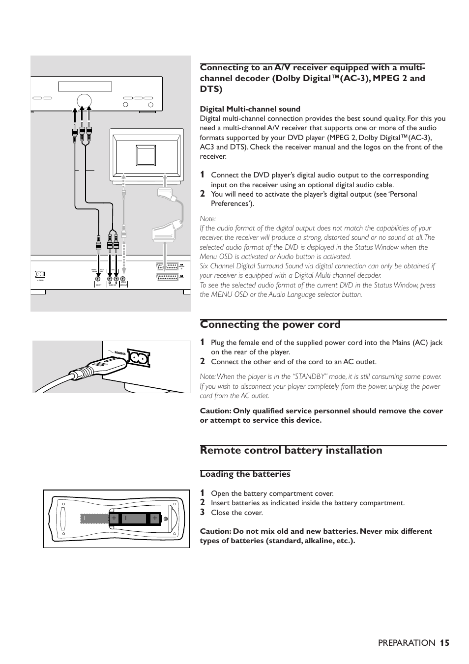 Connecting the power cord, Remote control battery installation, Loading the batteries | Preparation, Open the battery compartment cover | Philips DVD701/931 User Manual | Page 11 / 30