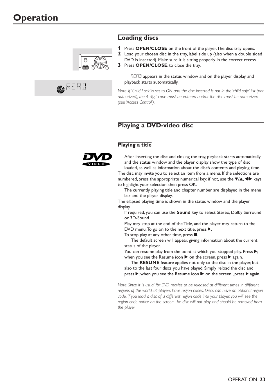 Operation, Loading discs, Playing a dvd-video disc | Playing a title | Philips DVD701/931 User Manual | Page 19 / 30