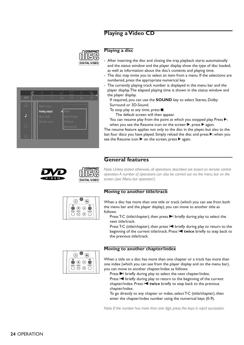 Playing a video cd, General features, Playing a disc | Moving to another title/track, Moving to another chapter/index, Operation | Philips DVD701/931 User Manual | Page 20 / 30