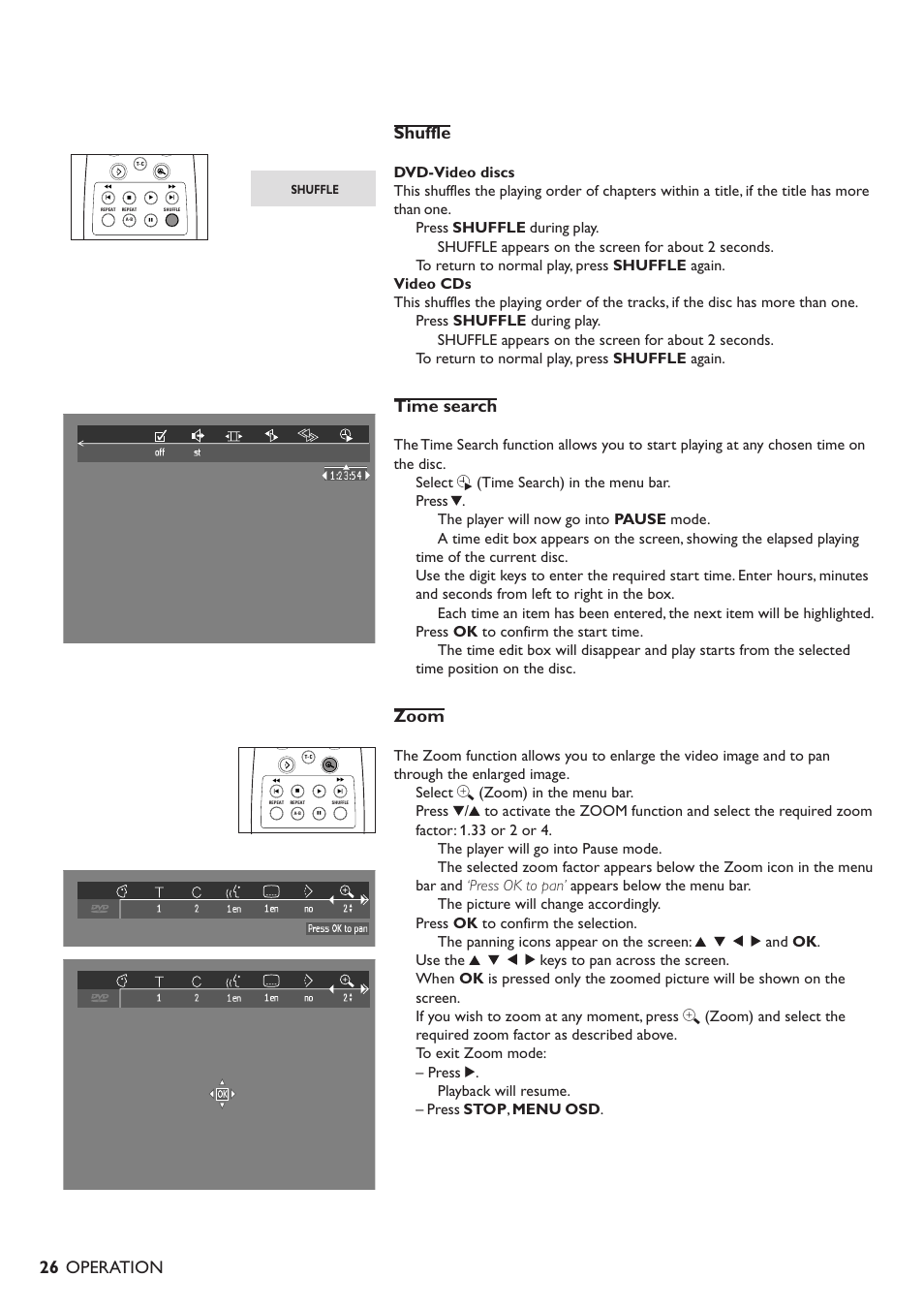 Shuffle, Time search, Zoom | Operation, Select h (time search) in the menu bar, Select a (zoom) in the menu bar | Philips DVD701/931 User Manual | Page 22 / 30