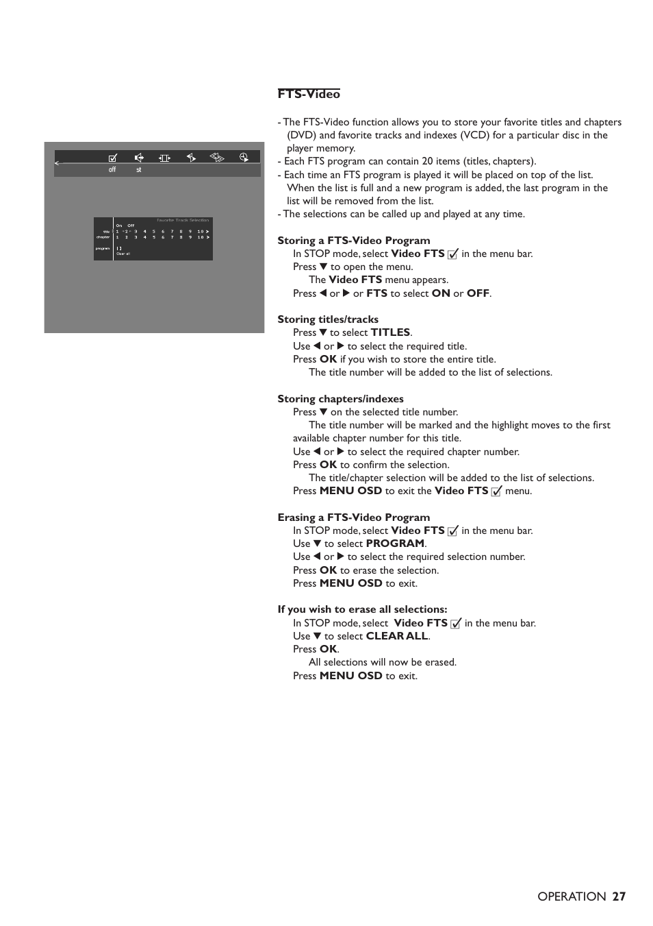 27 fts-video, Operation | Philips DVD701/931 User Manual | Page 23 / 30