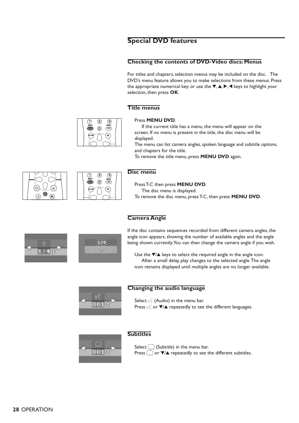 Special dvd features, Checking the contents of dvd-video discs: menus, Title menus | Disc menu, Camera angle, Changing the audio language, Subtitles, Operation, Select y (audio) in the menu bar, Select z (subtitle) in the menu bar | Philips DVD701/931 User Manual | Page 24 / 30