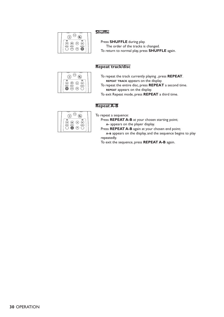 Shuffle, Repeat track/disc, Repeat a-b | Operation, Appears on the display, Press repeat a-b at your chosen starting point, Appears on the player display, Press repeat a-b again at your chosen end point | Philips DVD701/931 User Manual | Page 26 / 30