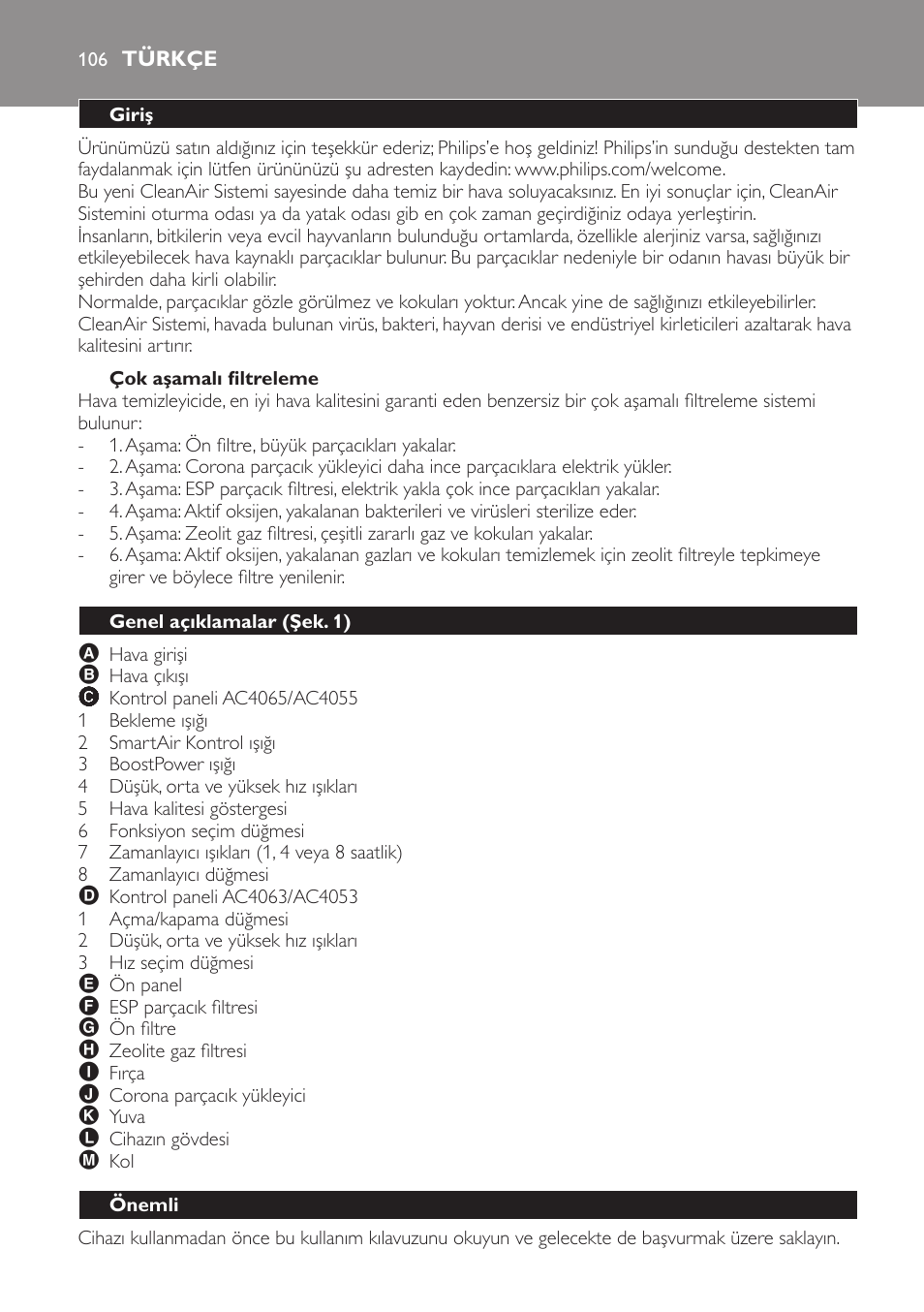 Çok aşamalı filtreleme, Türkçe, Giriş | Genel açıklamalar (şek. 1), Önemli | Philips AC4053 User Manual | Page 106 / 116