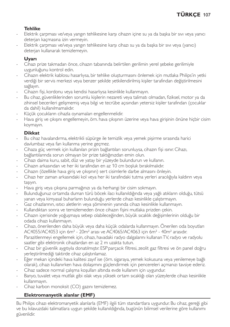 Tehlike, Uyarı, Dikkat | Elektromanyetik alanlar (emf) | Philips AC4053 User Manual | Page 107 / 116