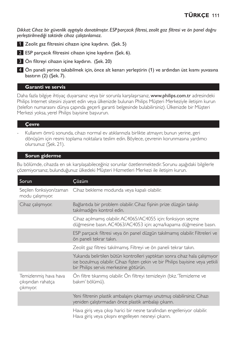 Garanti ve servis, Çevre, Sorun giderme | Philips AC4053 User Manual | Page 111 / 116