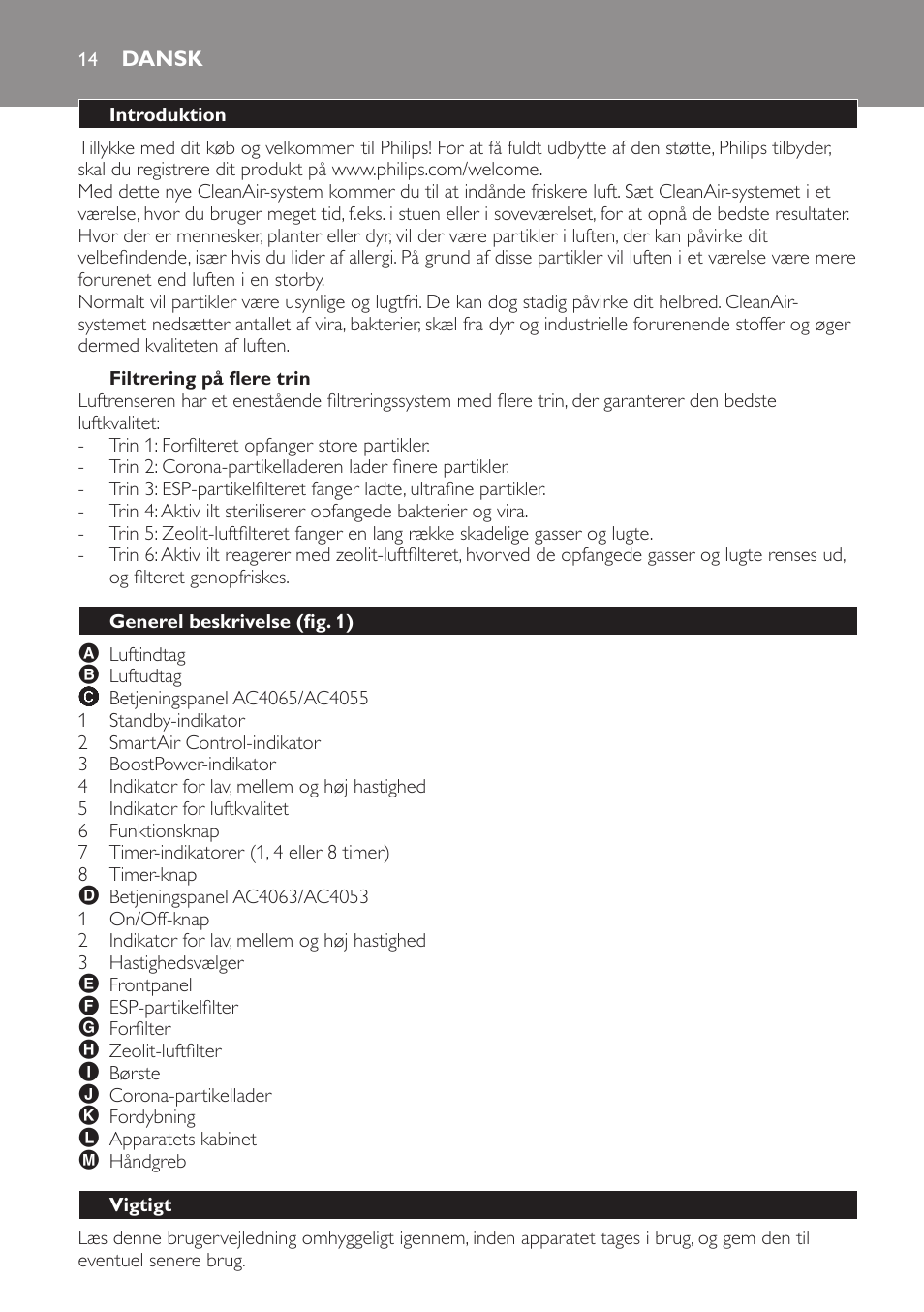 Filtrering på flere trin, Dansk, Introduktion | Generel beskrivelse (fig. 1), Vigtigt | Philips AC4053 User Manual | Page 14 / 116