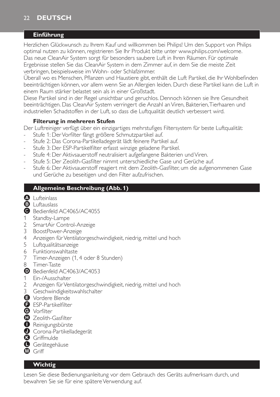 Filterung in mehreren stufen, Deutsch, Einführung | Allgemeine beschreibung (abb. 1), Wichtig | Philips AC4053 User Manual | Page 22 / 116