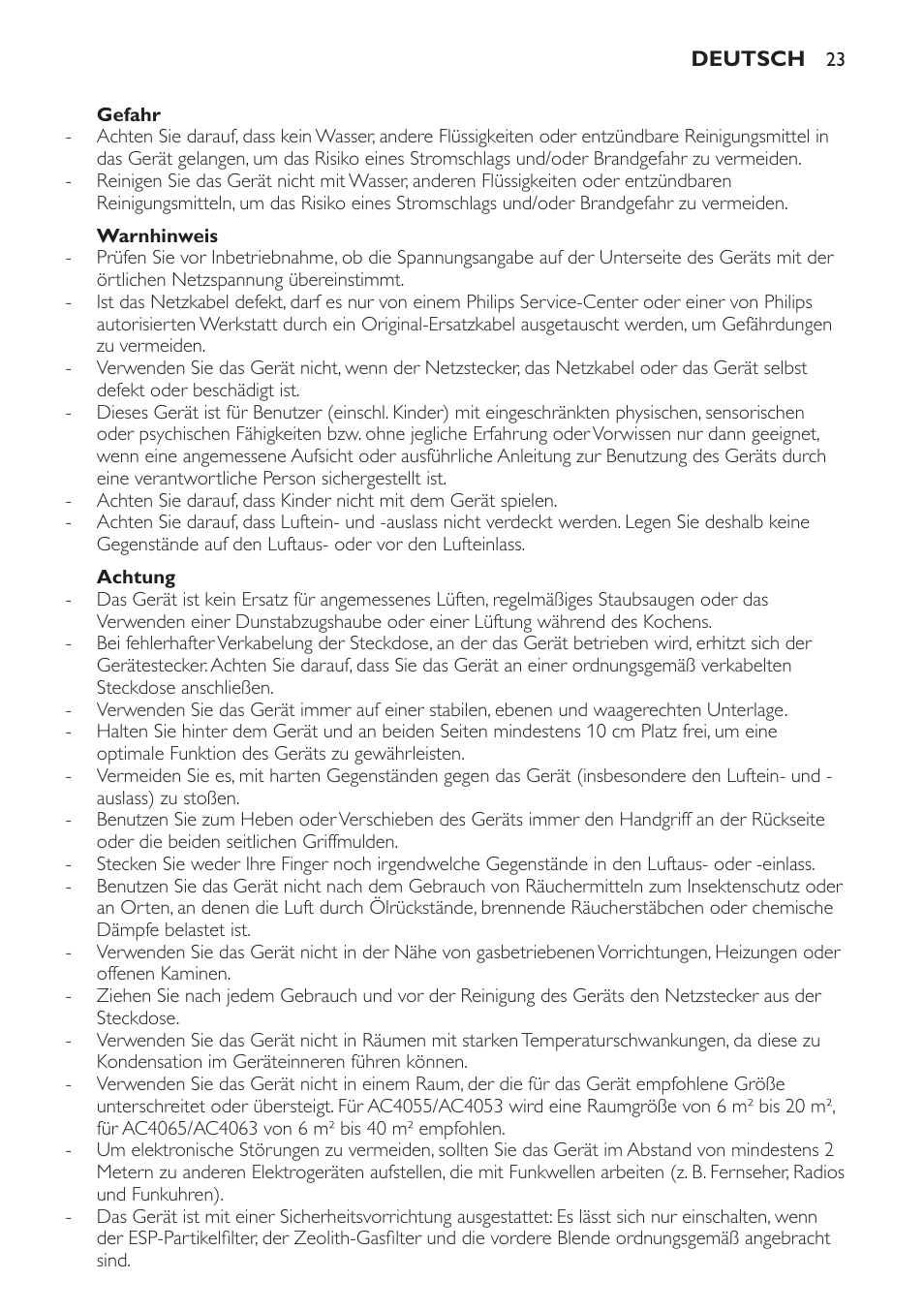 Gefahr, Warnhinweis, Achtung | Philips AC4053 User Manual | Page 23 / 116