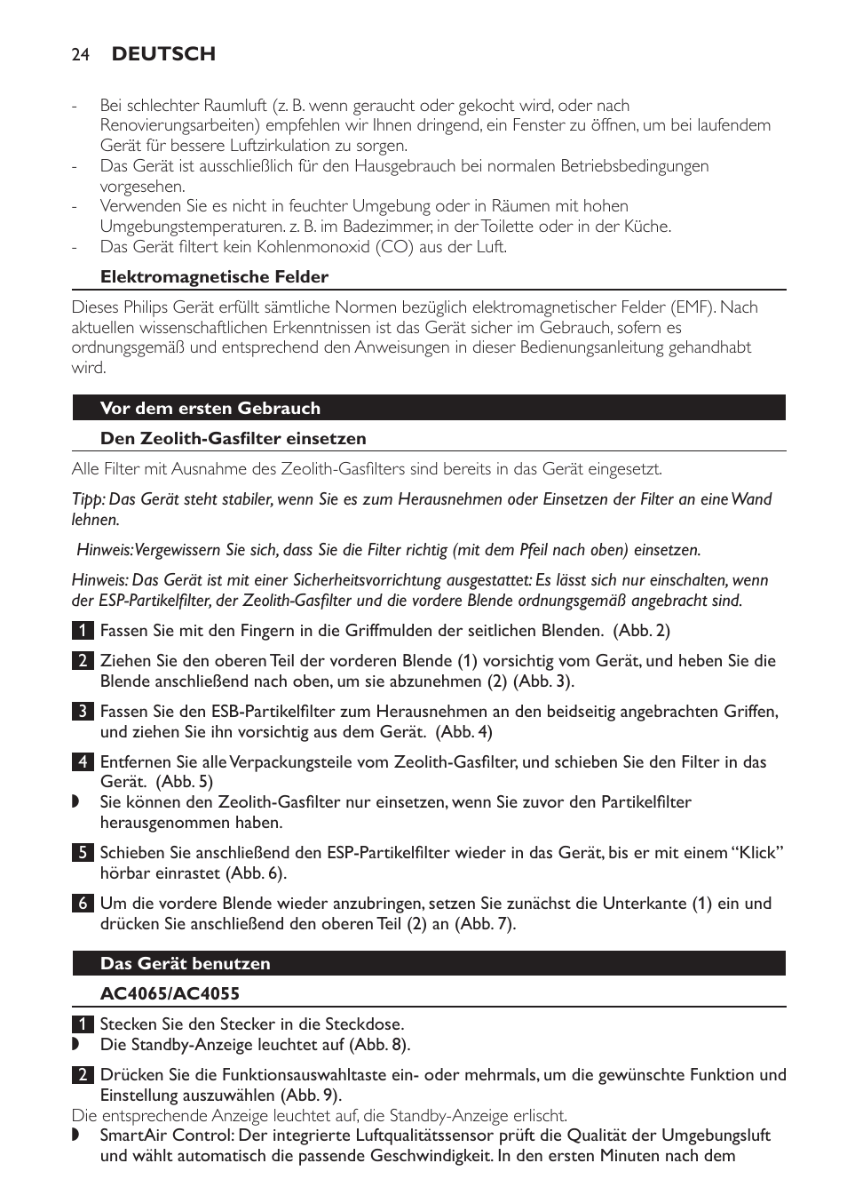 Elektromagnetische felder, Vor dem ersten gebrauch, Den zeolith-gasfilter einsetzen | Das gerät benutzen, Ac4065/ac4055 | Philips AC4053 User Manual | Page 24 / 116