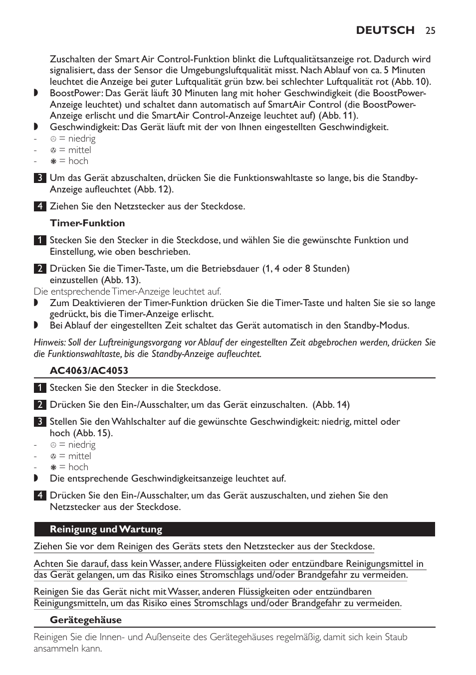 Timer-funktion, Ac4063/ac4053, Reinigung und wartung | Gerätegehäuse | Philips AC4053 User Manual | Page 25 / 116