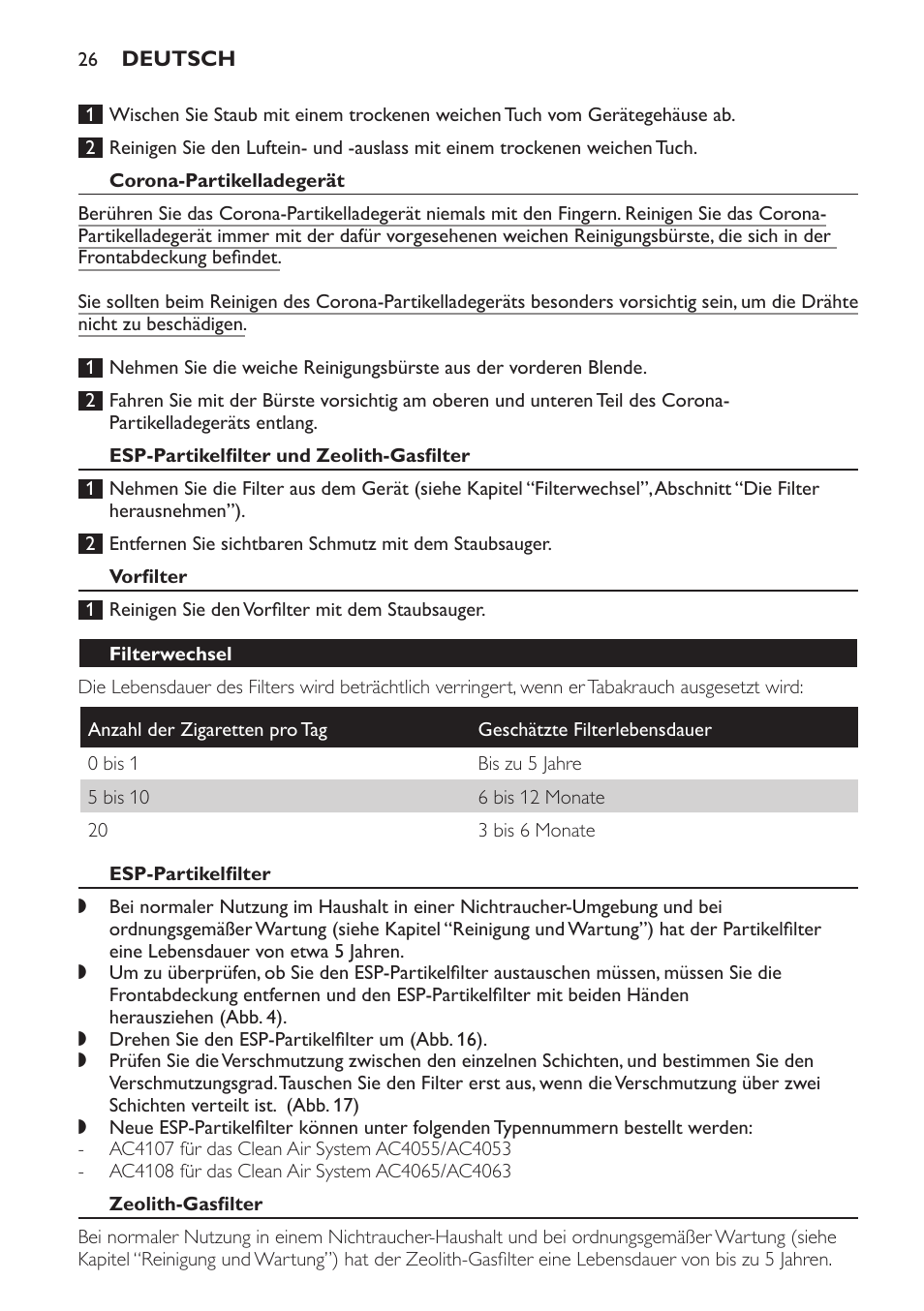 Corona-partikelladegerät, Esp-partikelfilter und zeolith-gasfilter, Vorfilter | Filterwechsel, Esp-partikelfilter, Zeolith-gasfilter | Philips AC4053 User Manual | Page 26 / 116