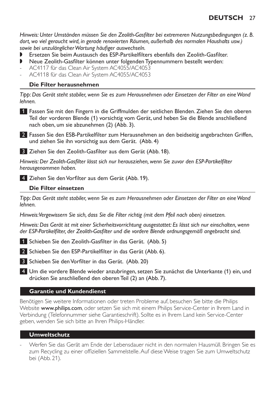 Die filter herausnehmen, Die filter einsetzen, Garantie und kundendienst | Umweltschutz | Philips AC4053 User Manual | Page 27 / 116