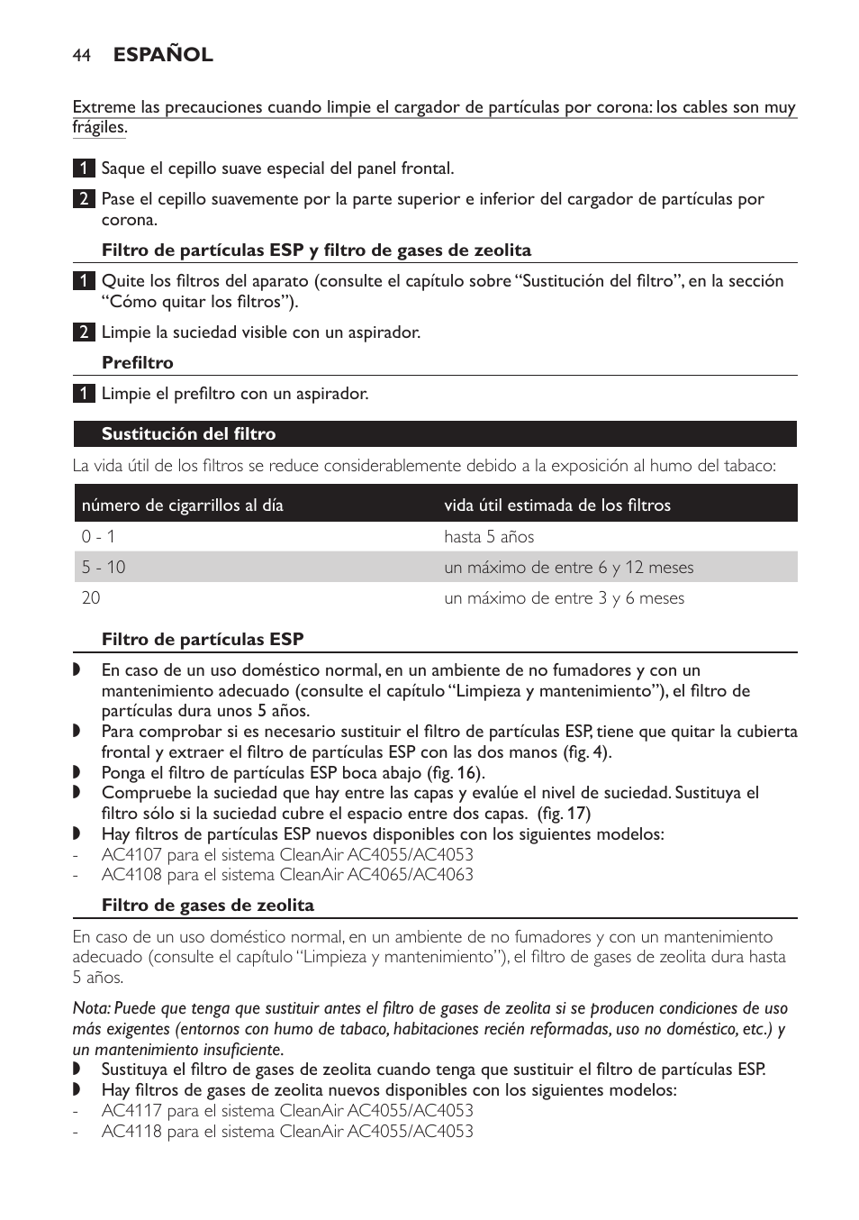 Prefiltro, Sustitución del filtro, Filtro de partículas esp | Filtro de gases de zeolita | Philips AC4053 User Manual | Page 44 / 116