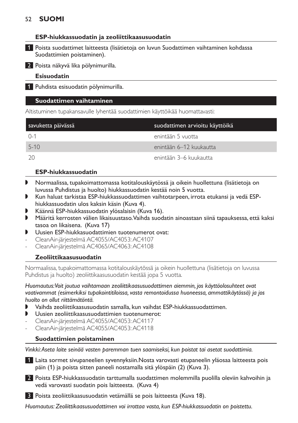 Esisuodatin, Suodattimen vaihtaminen, Esp-hiukkassuodatin | Zeoliittikaasusuodatin, Suodattimien poistaminen, Suodattimien asettaminen | Philips AC4053 User Manual | Page 52 / 116