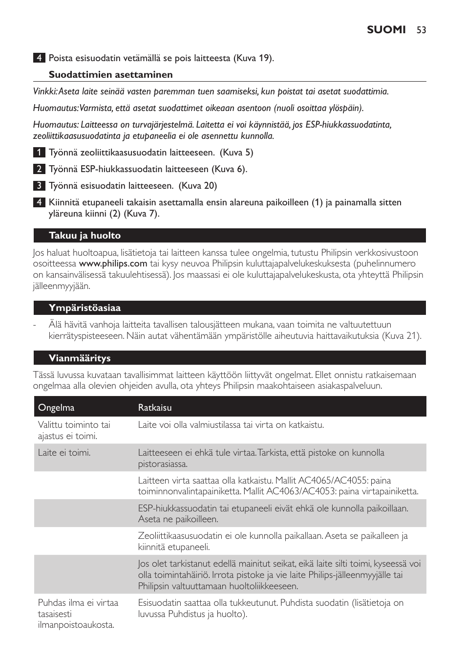 Takuu ja huolto, Ympäristöasiaa, Vianmääritys | Philips AC4053 User Manual | Page 53 / 116