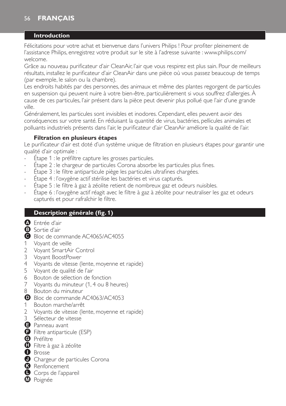 Filtration en plusieurs étapes, Français, Introduction | Description générale (fig. 1) | Philips AC4053 User Manual | Page 56 / 116