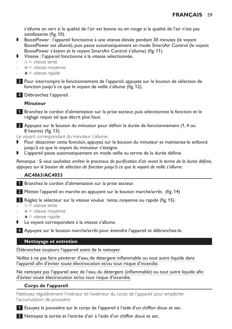 Minuteur, Ac4063/ac4053, Nettoyage et entretien | Corps de l’appareil | Philips AC4053 User Manual | Page 59 / 116