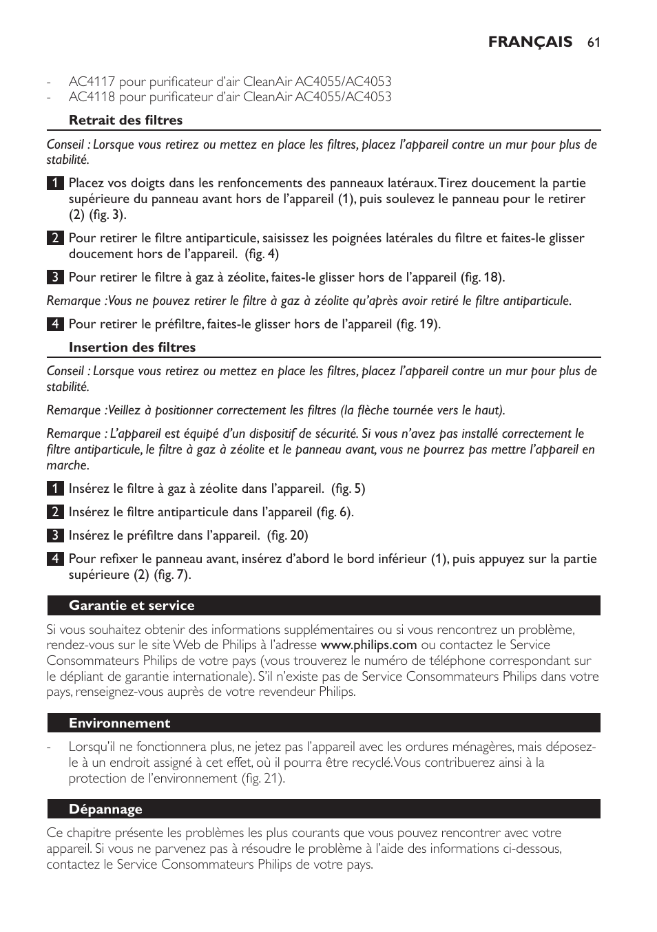 Retrait des filtres, Insertion des filtres, Garantie et service | Environnement, Dépannage | Philips AC4053 User Manual | Page 61 / 116