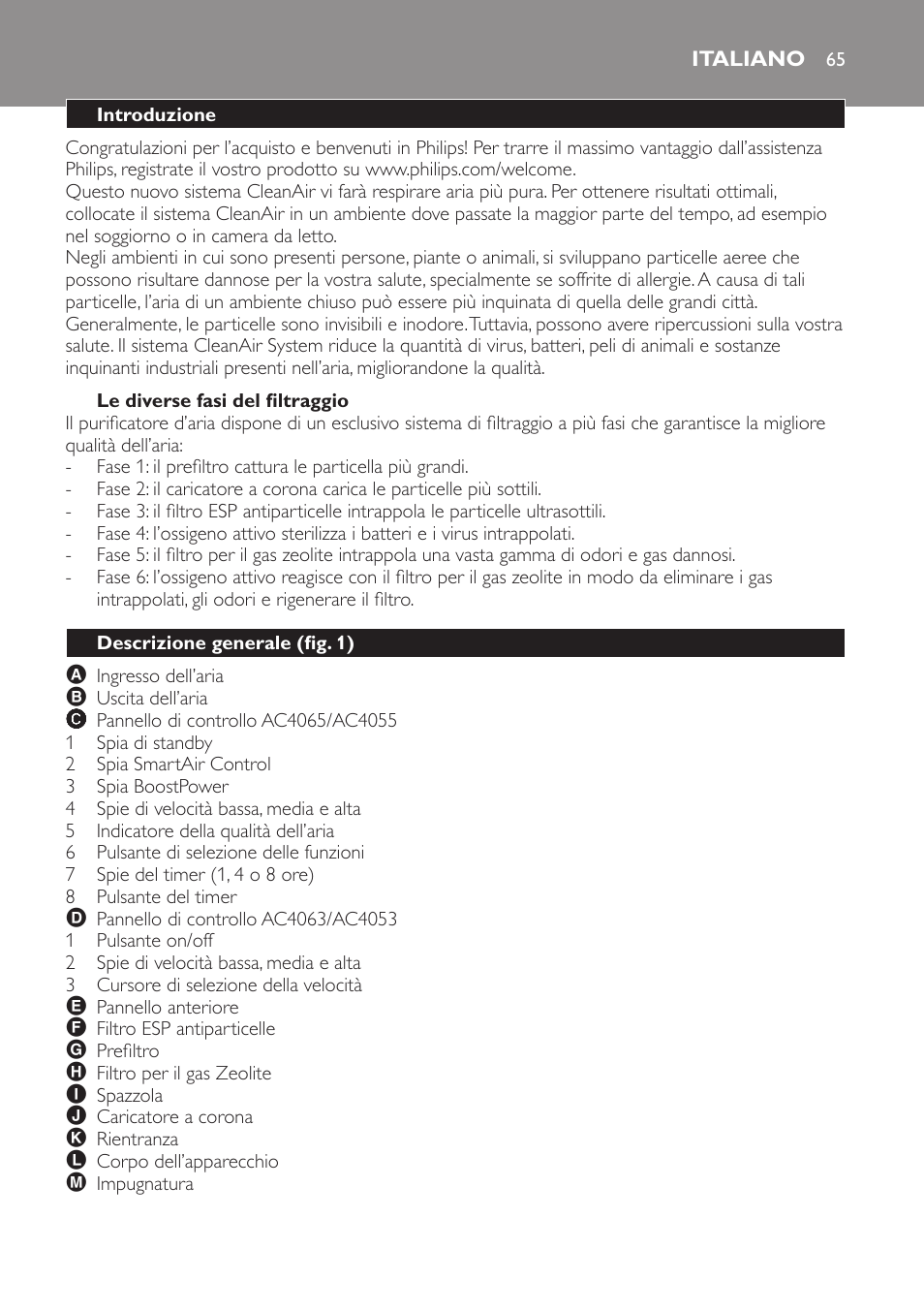 Le diverse fasi del filtraggio, Italiano, Introduzione | Descrizione generale (fig. 1) | Philips AC4053 User Manual | Page 65 / 116