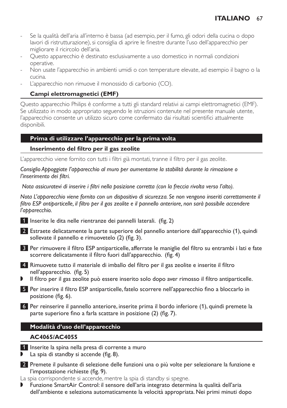 Campi elettromagnetici (emf), Inserimento del filtro per il gas zeolite, Modalità d’uso dell’apparecchio | Ac4065/ac4055 | Philips AC4053 User Manual | Page 67 / 116