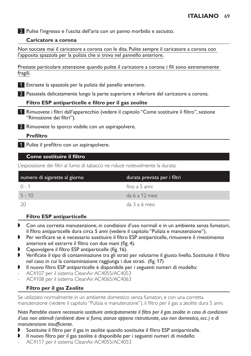 Caricatore a corona, Prefiltro, Come sostituire il filtro | Filtro esp antiparticelle, Filtro per il gas zeolite | Philips AC4053 User Manual | Page 69 / 116