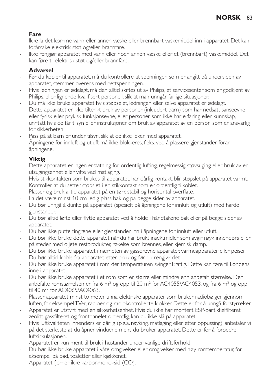 Fare, Advarsel, Viktig | Philips AC4053 User Manual | Page 83 / 116