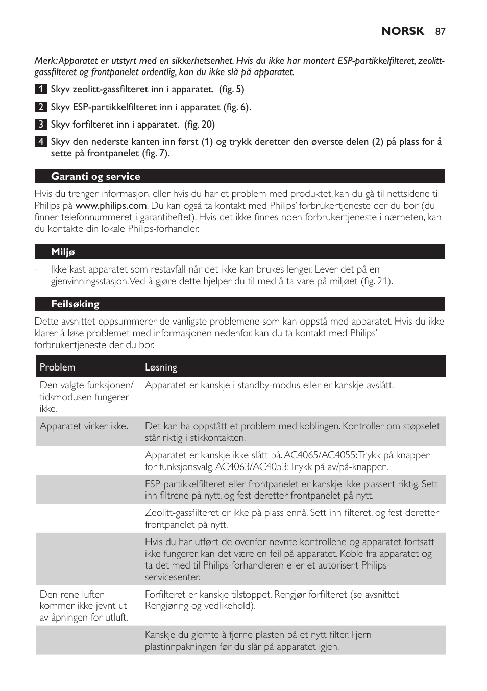 Garanti og service, Miljø, Feilsøking | Philips AC4053 User Manual | Page 87 / 116