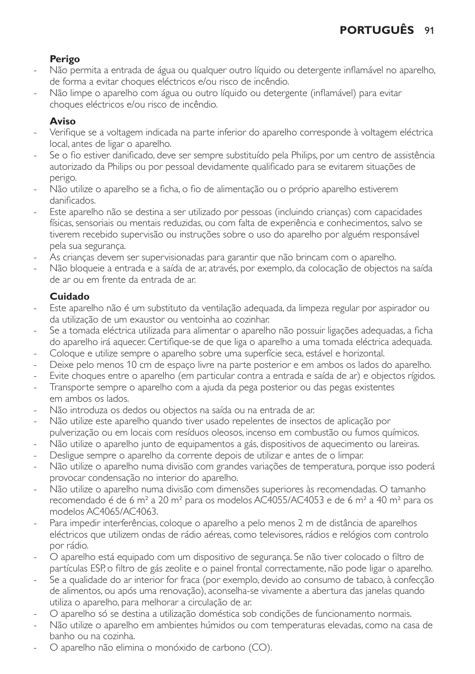 Perigo, Aviso, Cuidado | Philips AC4053 User Manual | Page 91 / 116