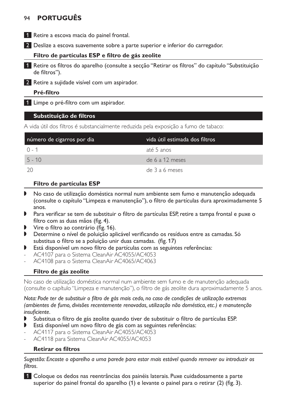 Filtro de partículas esp e filtro de gás zeolite, Pré-filtro, Substituição de filtros | Filtro de partículas esp, Filtro de gás zeolite, Retirar os filtros | Philips AC4053 User Manual | Page 94 / 116