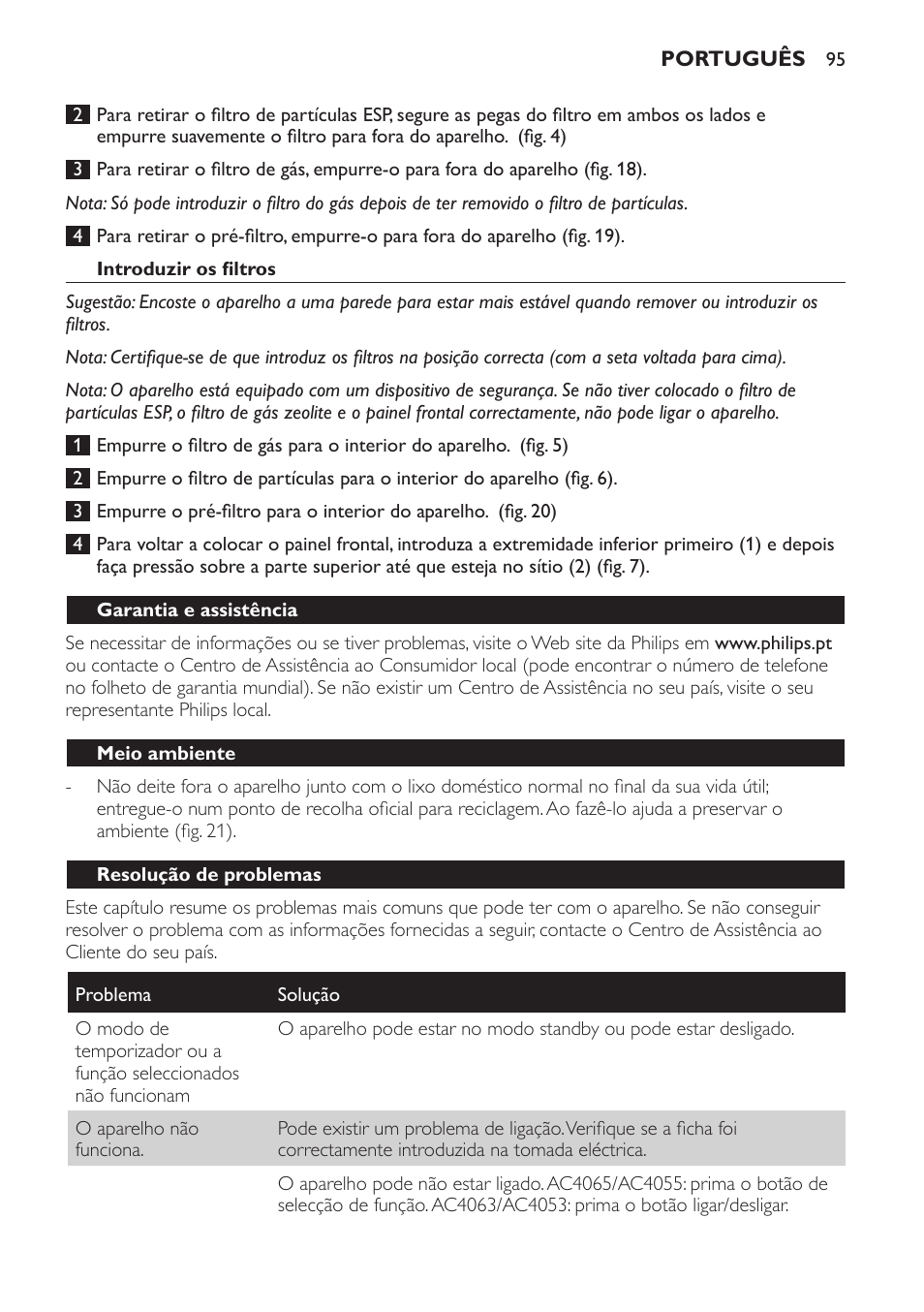 Introduzir os filtros, Garantia e assistência, Meio ambiente | Resolução de problemas | Philips AC4053 User Manual | Page 95 / 116