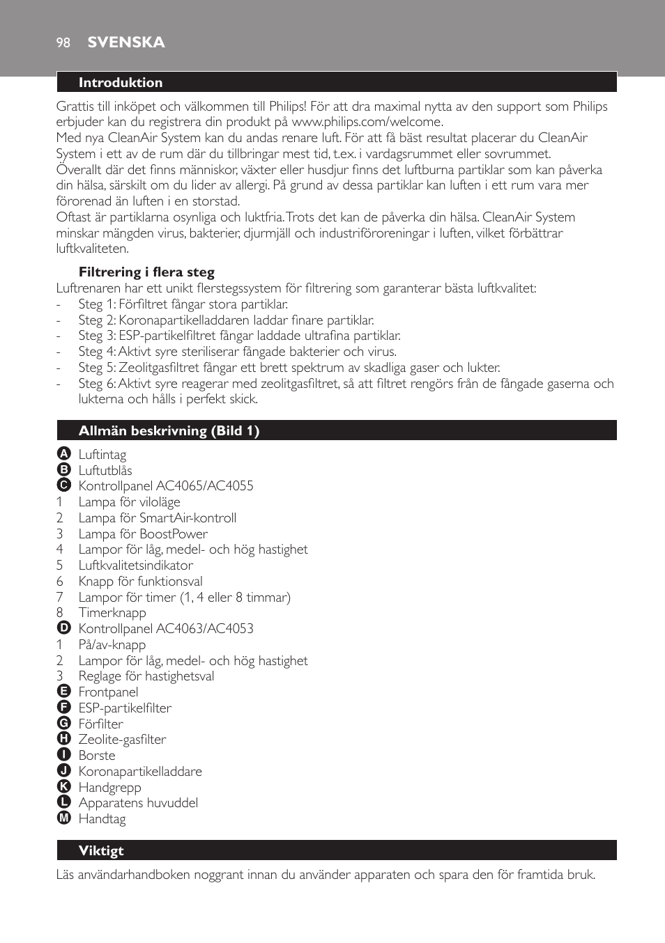 Filtrering i flera steg, Svenska, Introduktion | Allmän beskrivning (bild 1), Viktigt | Philips AC4053 User Manual | Page 98 / 116