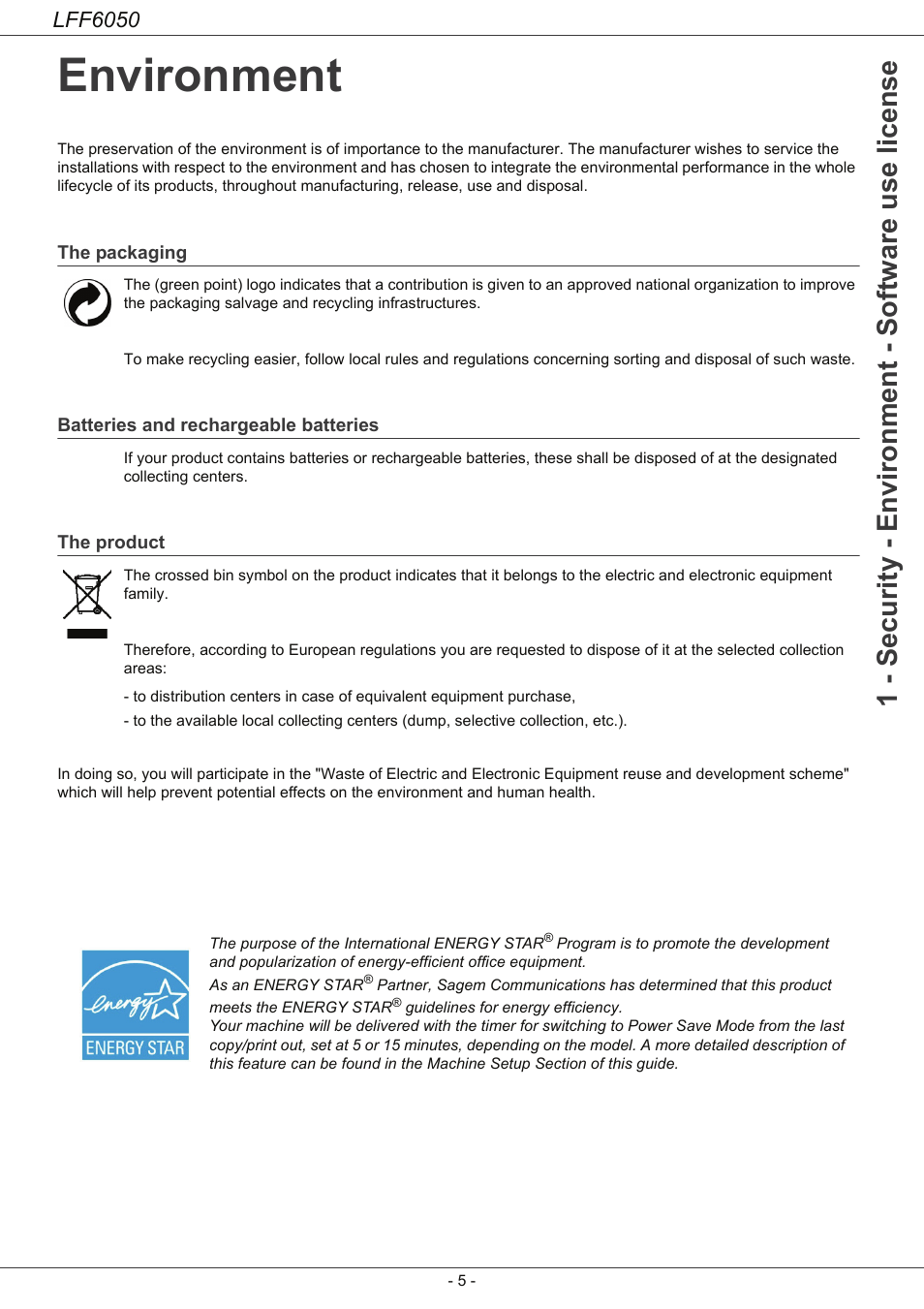 Environment, The packaging, Batteries and rechargeable batteries | The product, Environment 5, 1 - security - environment - software use license, Lff6050 | Philips LaserMFD LFF 6050 User Manual | Page 10 / 86