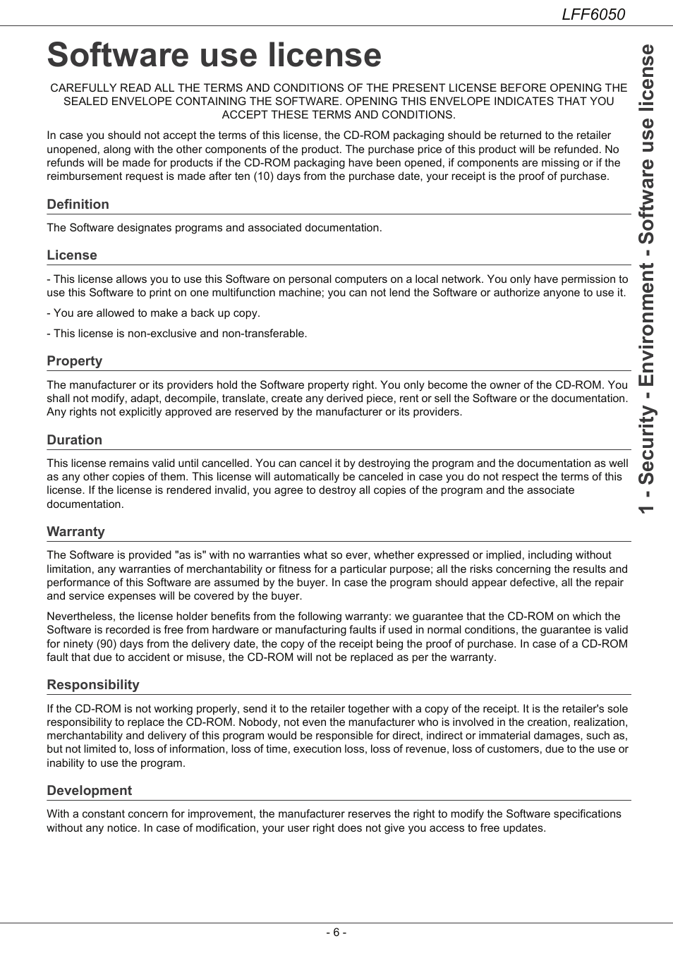 Software use license, Definition, License | Property, Duration, Warranty, Responsibility, Development, 1 - security - environment - software use license, Lff6050 | Philips LaserMFD LFF 6050 User Manual | Page 11 / 86