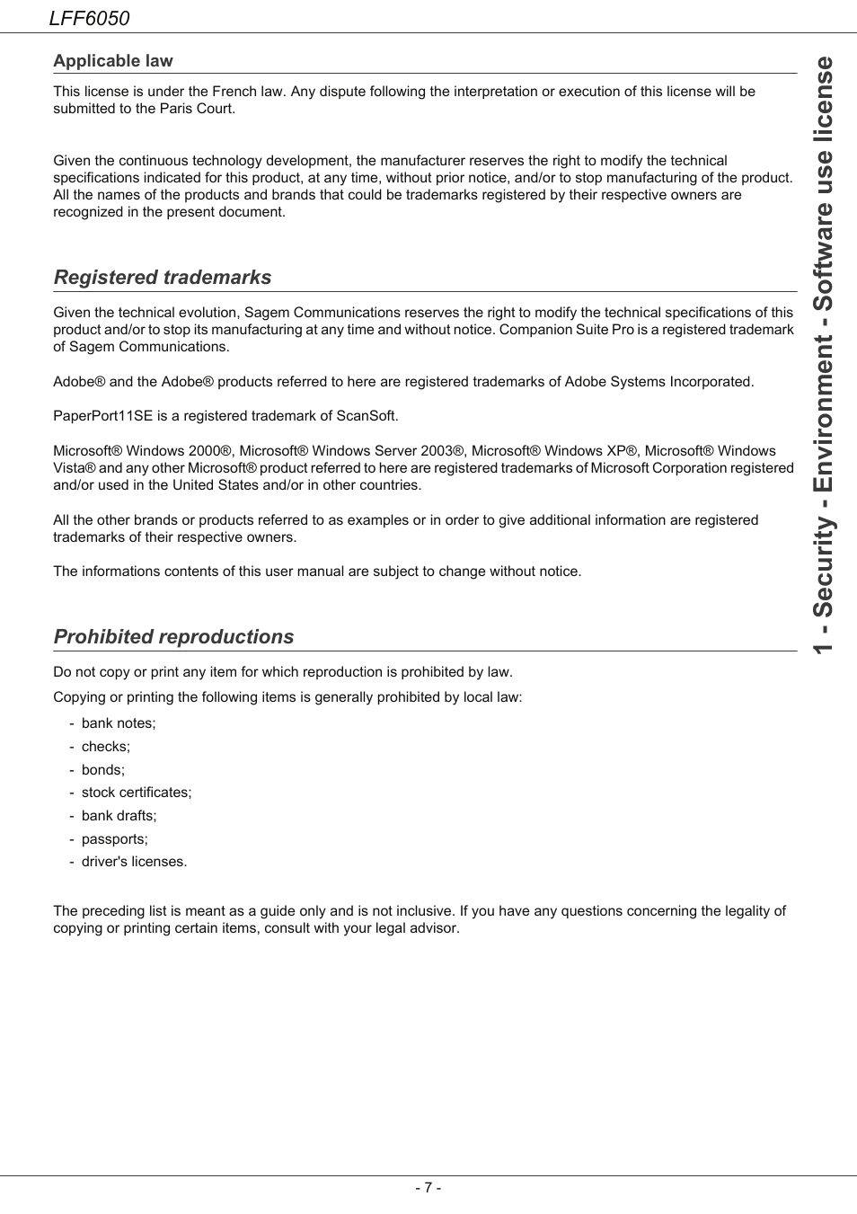 Applicable law, Registered trademarks, Prohibited reproductions | 1 - security - environment - software use license, Lff6050 | Philips LaserMFD LFF 6050 User Manual | Page 12 / 86