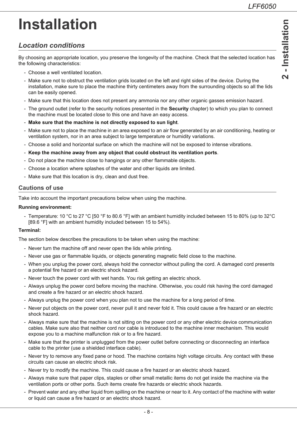 Installation, Location conditions, Cautions of use | Installation 8, 2 - installation, Lff6050 | Philips LaserMFD LFF 6050 User Manual | Page 13 / 86