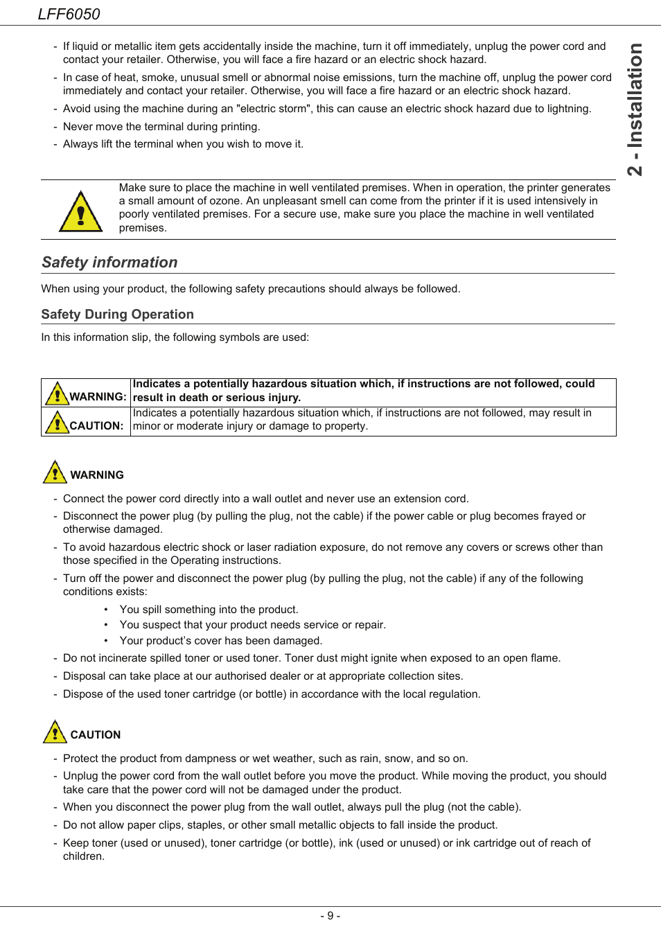 Safety information, Safety during operation, 2 - installation | Lff6050 | Philips LaserMFD LFF 6050 User Manual | Page 14 / 86