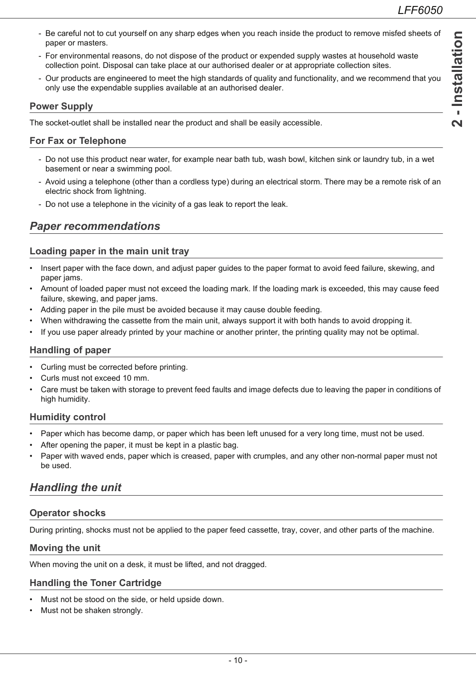 Power supply, For fax or telephone, Paper recommendations | Loading paper in the main unit tray, Handling of paper, Humidity control, Handling the unit, Operator shocks, Moving the unit, Handling the toner cartridge | Philips LaserMFD LFF 6050 User Manual | Page 15 / 86