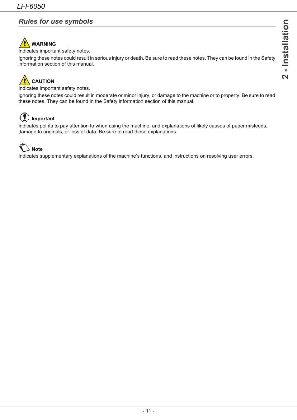 Rules for use symbols, 2 - installation, Lff6050 | Philips LaserMFD LFF 6050 User Manual | Page 16 / 86