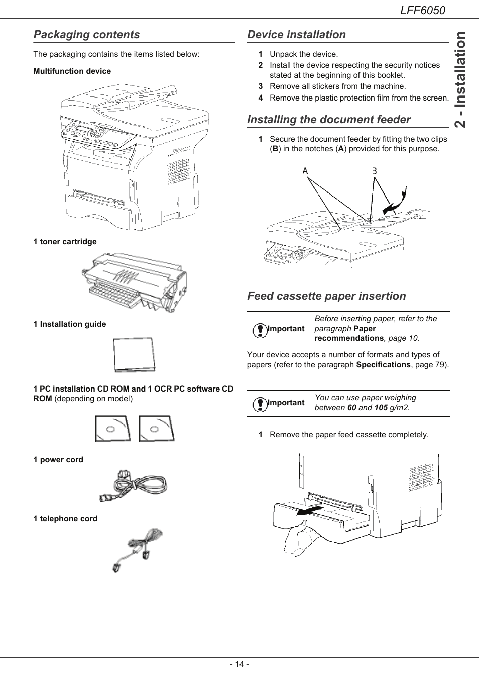 Packaging contents, Device installation, Installing the document feeder | Feed cassette paper insertion, 2 - installation, Lff6050 | Philips LaserMFD LFF 6050 User Manual | Page 19 / 86