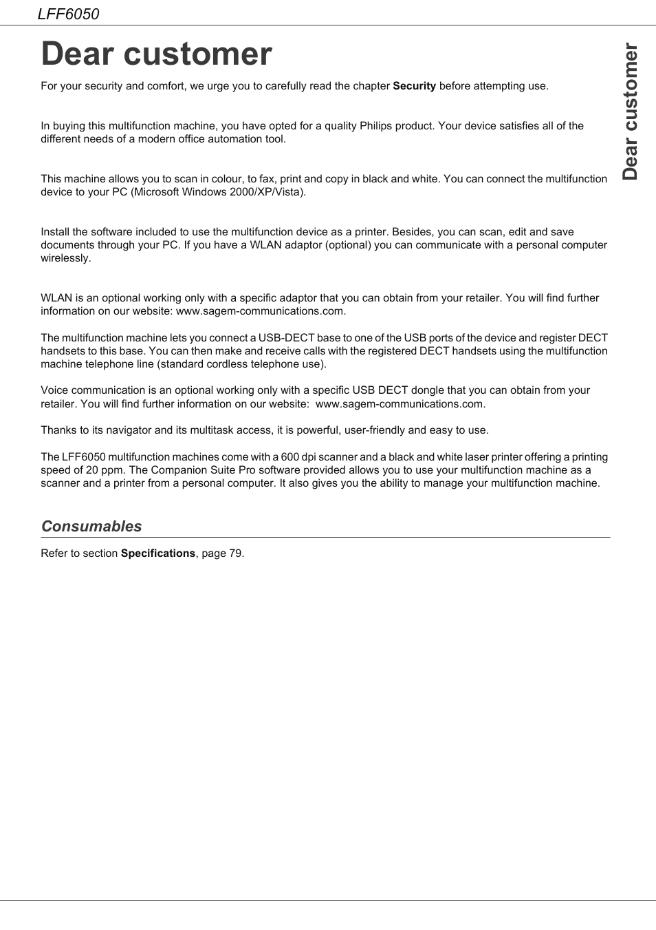 Dear customer, Consumables | Philips LaserMFD LFF 6050 User Manual | Page 2 / 86