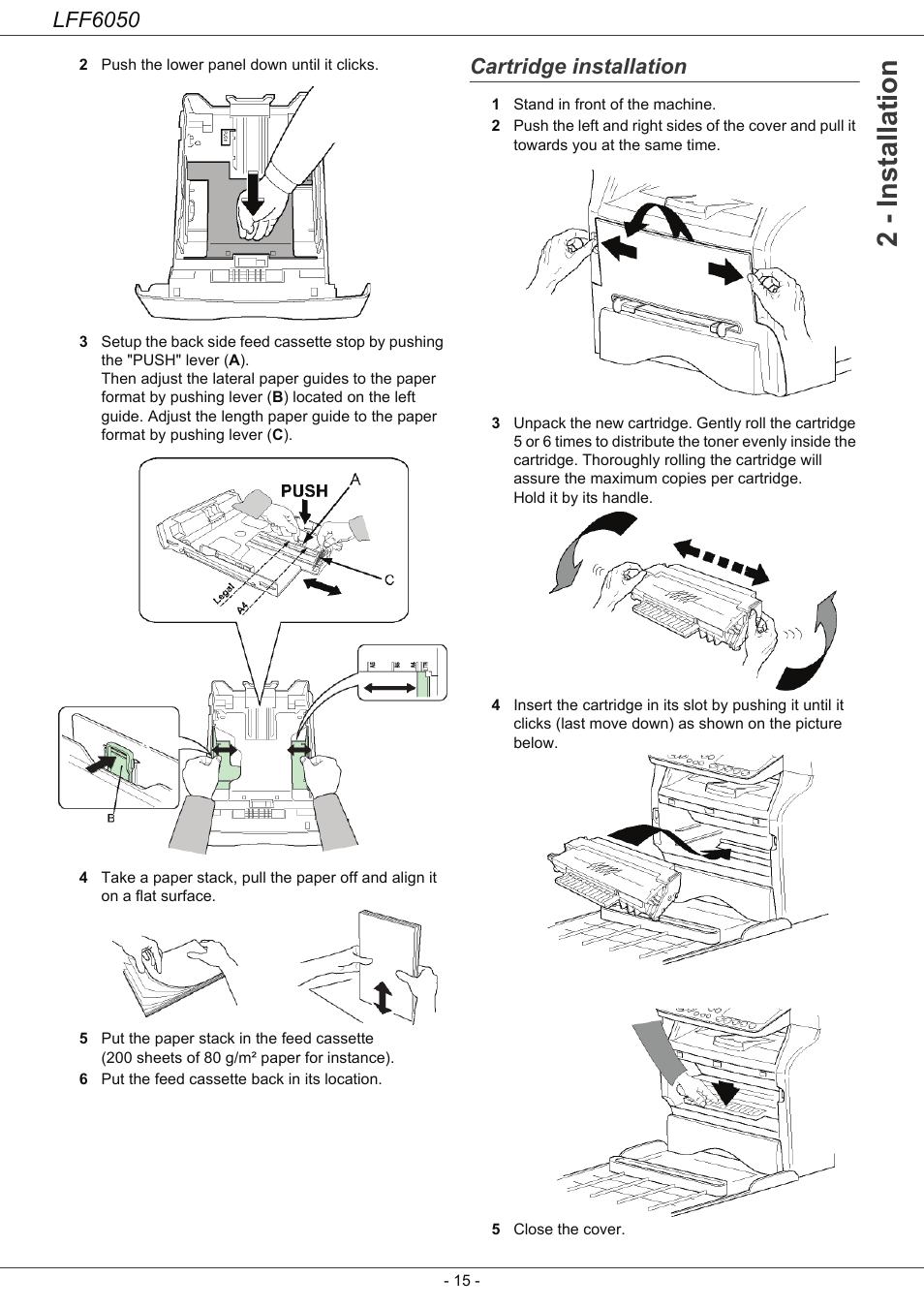 Cartridge installation, 2 - installation, Lff6050 | Philips LaserMFD LFF 6050 User Manual | Page 20 / 86