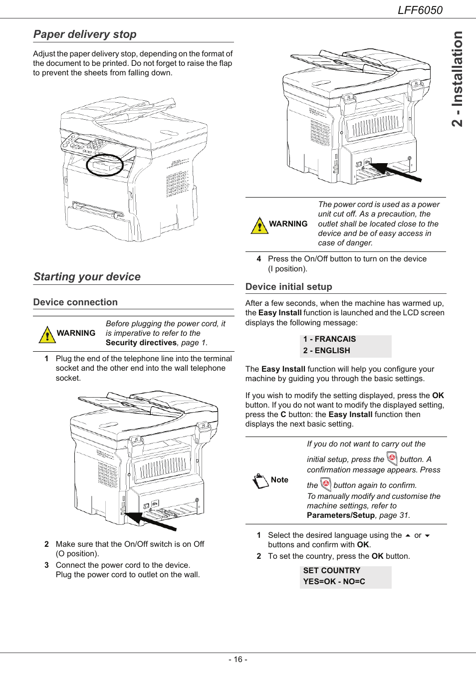 Paper delivery stop, Starting your device, Device connection | Device initial setup, 2 - installation, Lff6050 | Philips LaserMFD LFF 6050 User Manual | Page 21 / 86