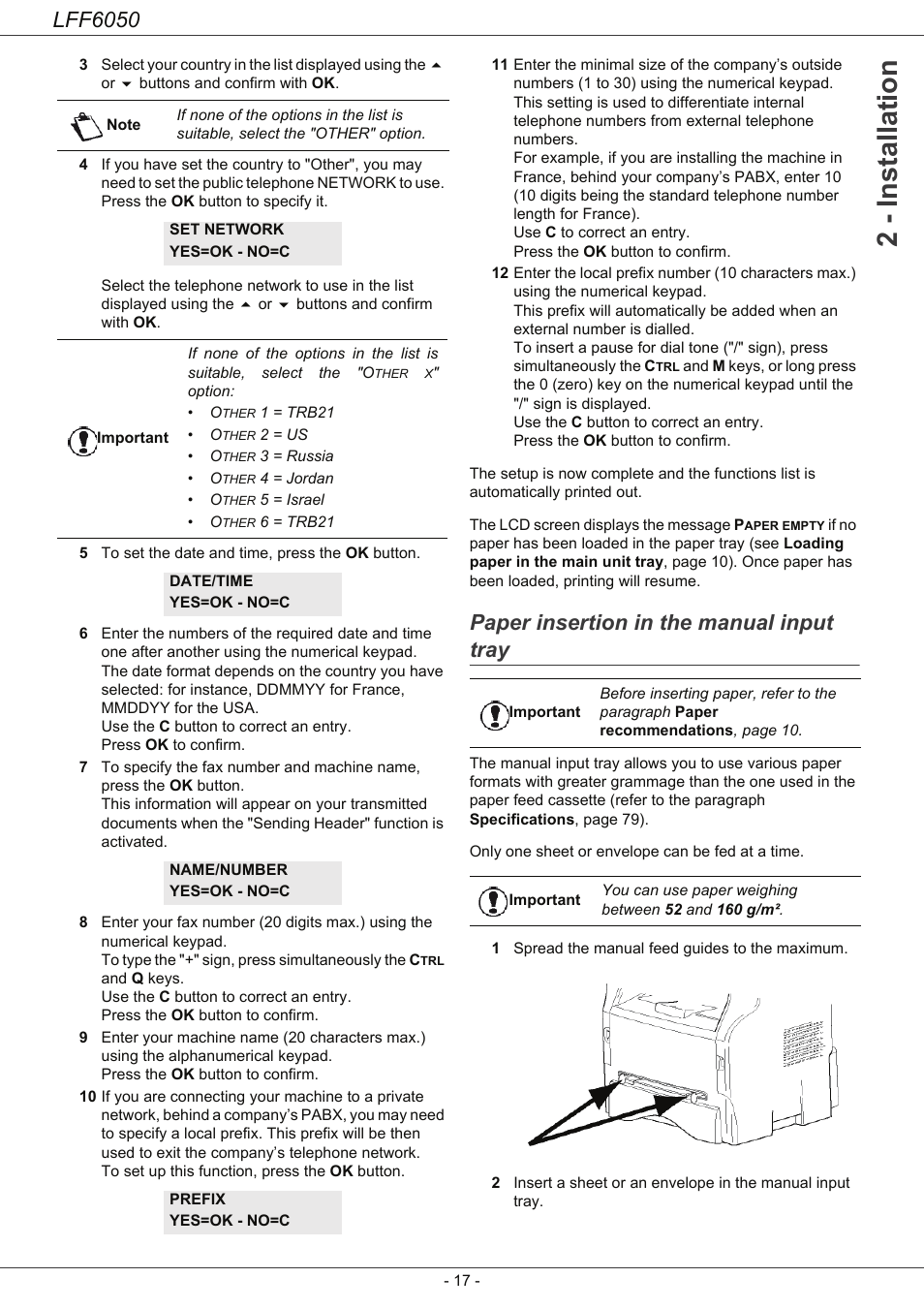 Paper insertion in the manual input tray, 2 - installation, Lff6050 | Philips LaserMFD LFF 6050 User Manual | Page 22 / 86
