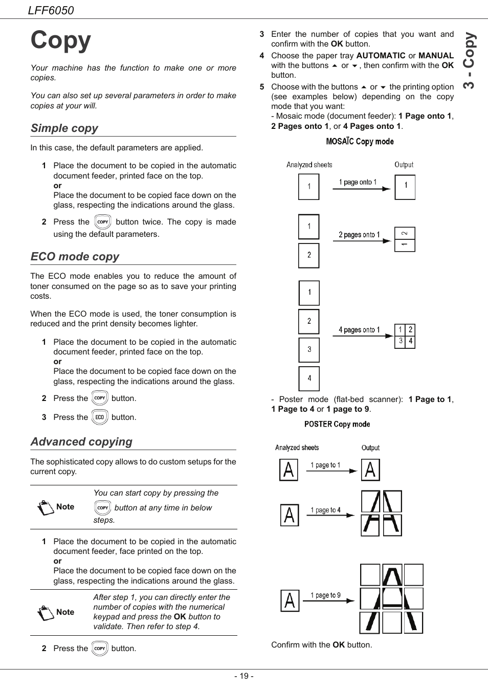 Copy, Simple copy, Eco mode copy | Advanced copying, Copy 19, 3 - co py, Lff6050 | Philips LaserMFD LFF 6050 User Manual | Page 24 / 86