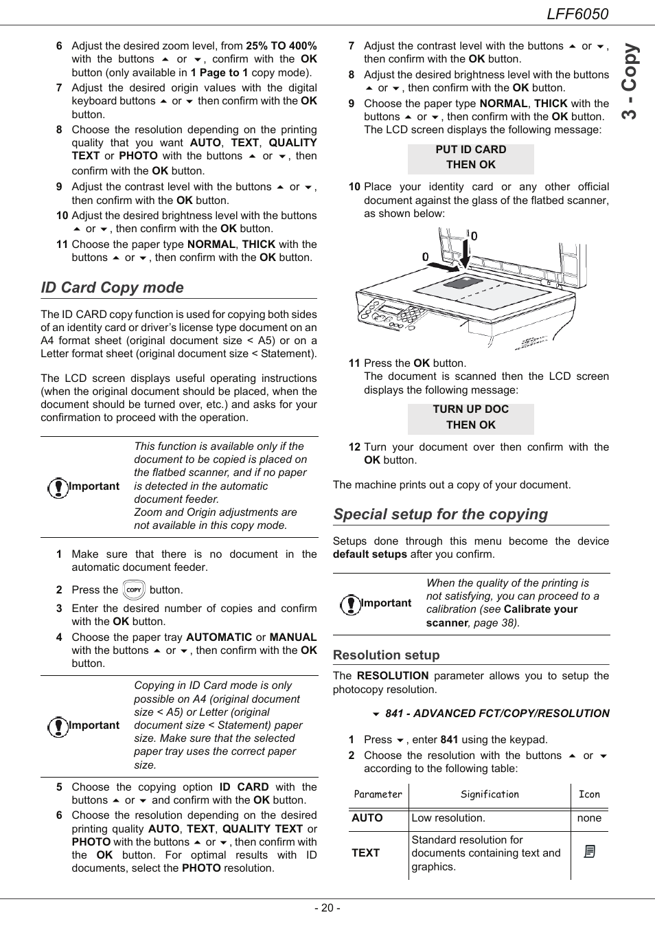 Id card copy mode, Special setup for the copying, Resolution setup | 3 - co py, Lff6050 | Philips LaserMFD LFF 6050 User Manual | Page 25 / 86