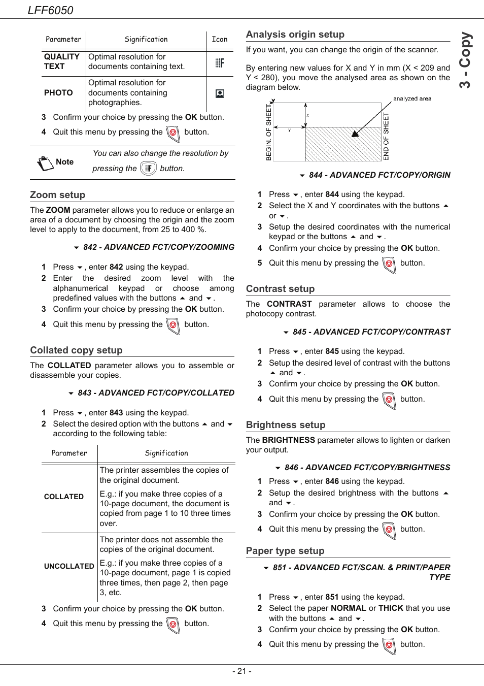 Zoom setup, Collated copy setup, Analysis origin setup | Contrast setup, Brightness setup, Paper type setup, 3 - co py, Lff6050 | Philips LaserMFD LFF 6050 User Manual | Page 26 / 86