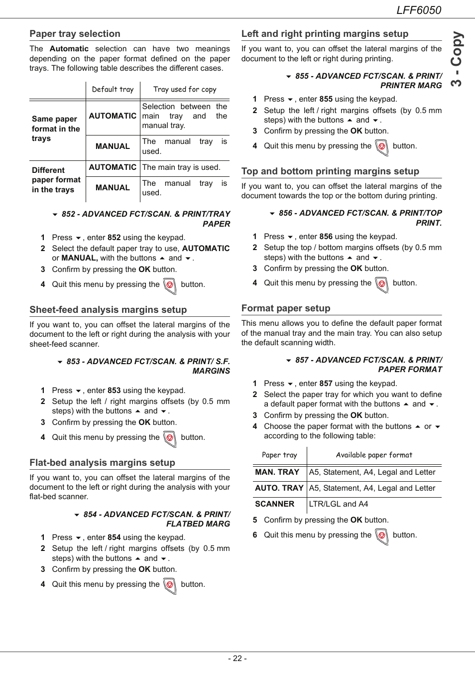 Paper tray selection, Sheet-feed analysis margins setup, Flat-bed analysis margins setup | Left and right printing margins setup, Top and bottom printing margins setup, Format paper setup, 3 - co py, Lff6050 | Philips LaserMFD LFF 6050 User Manual | Page 27 / 86